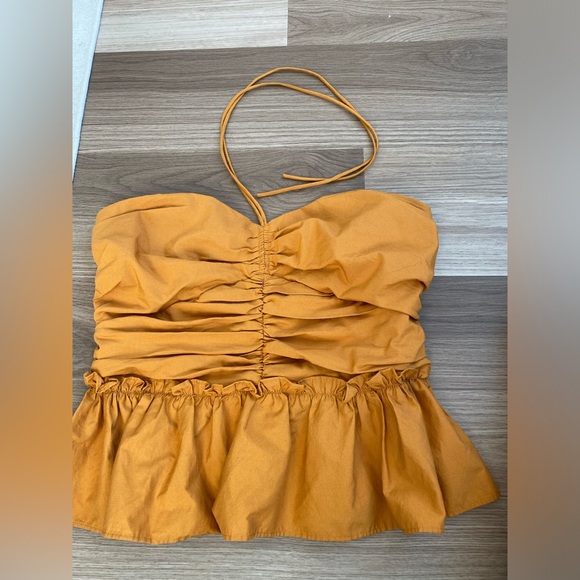 Mustard Halter Neck Ruched Peplum Top - Picture 2 of 5